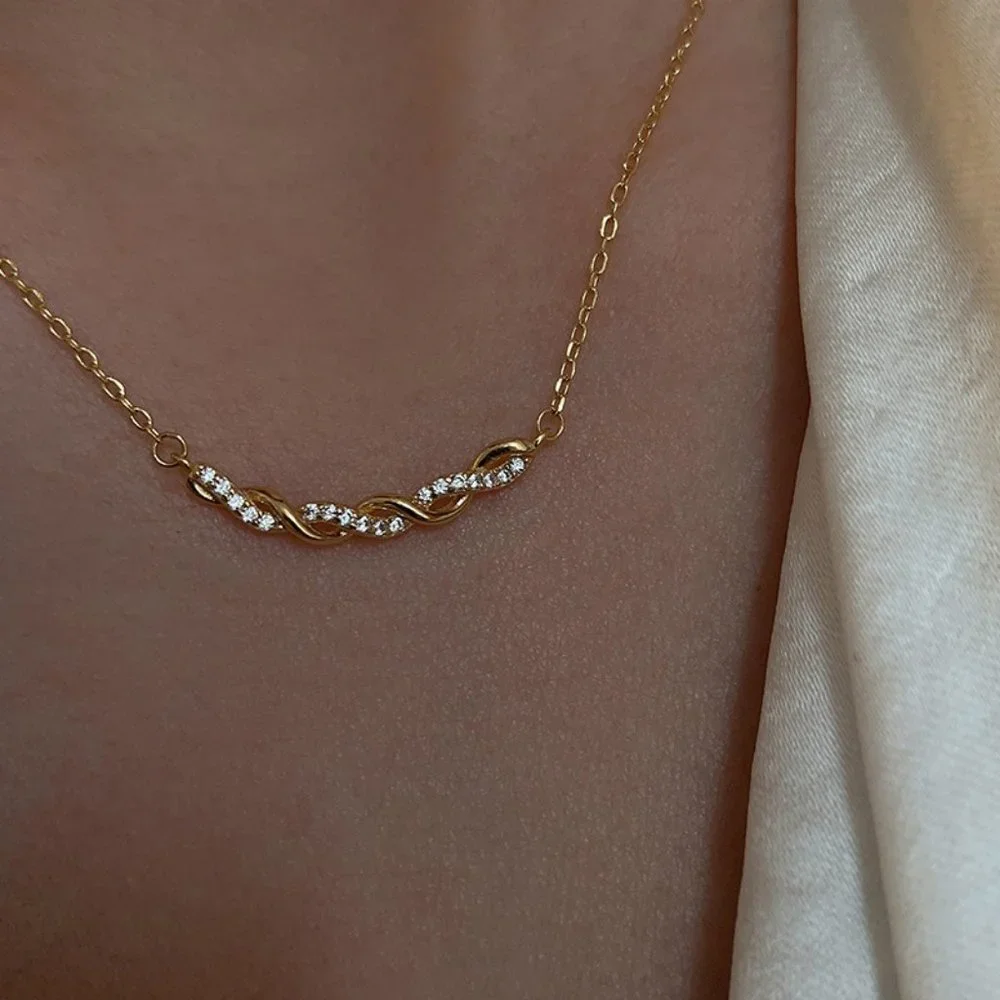 #NEW 925 Sterling Silver Diamond Braided Wave Necklace